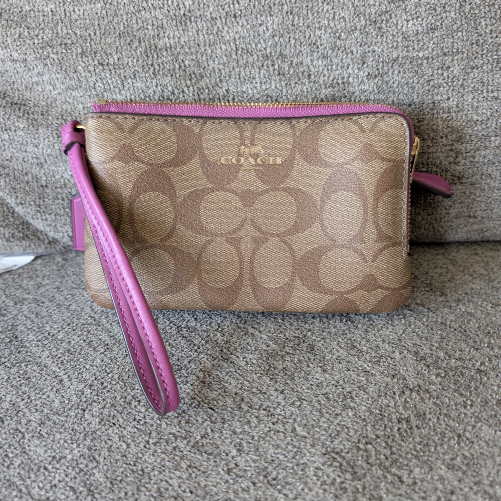 Coach Brown Signature Canvas Wristlet with Pink Trim